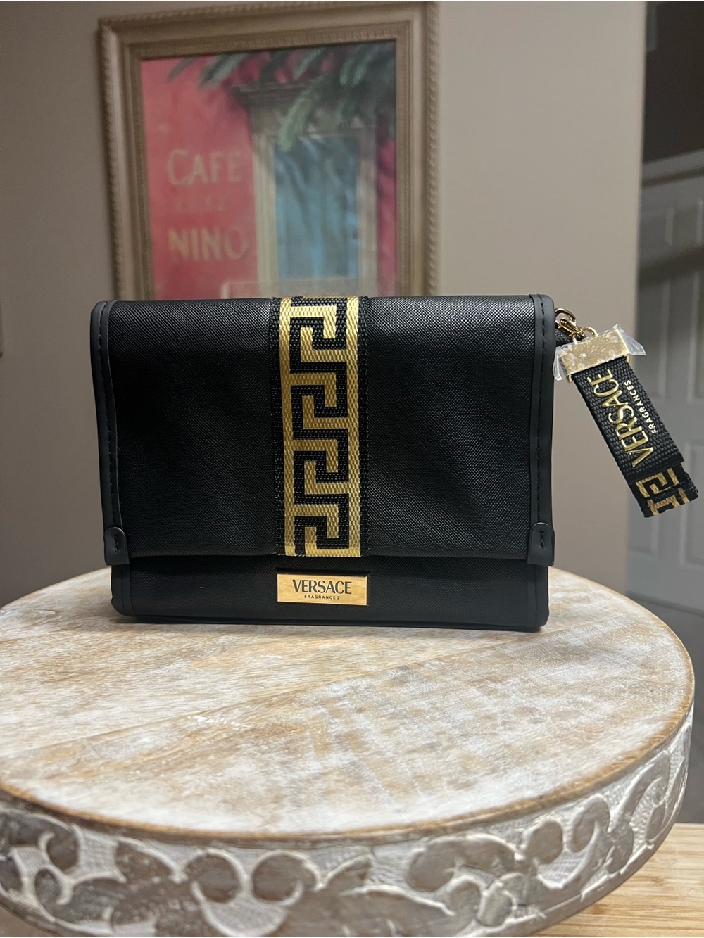 Versace Black and Gold Greek Key Cosmetic/Fragrance Bag